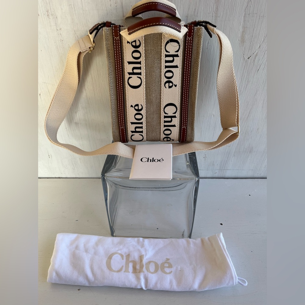 Chloé Mini Woody Linen Canvas North/South Tote- White-Brown - Picture 15 of 15